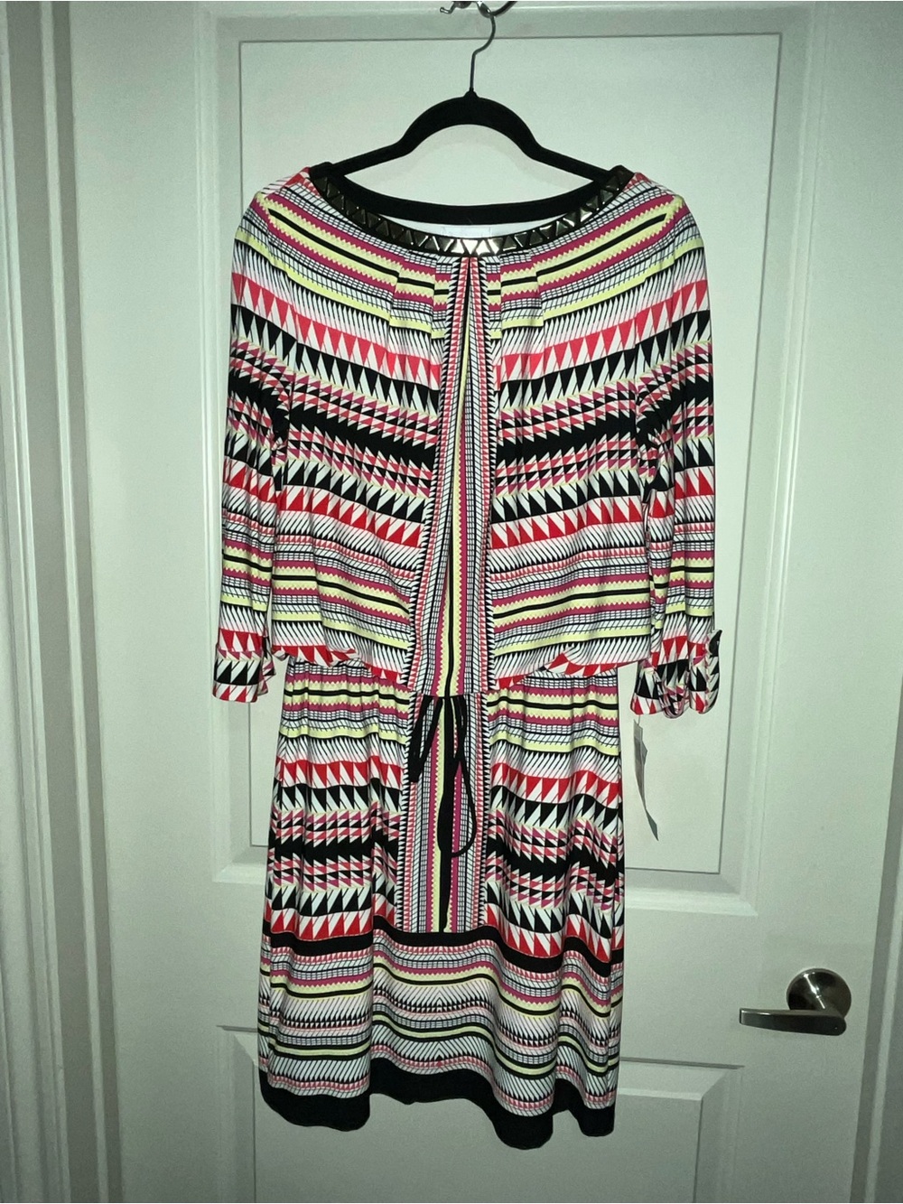 London Times Long Sleeve Geometric Print Dress in Black, White, Red, Yellow